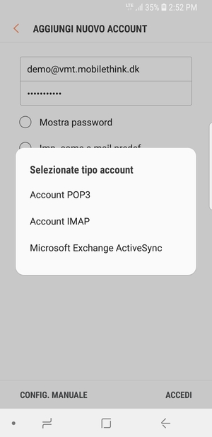 Seleziona Account POP3 o Account IMAP
