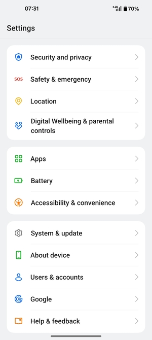 Scroll to and select Security and privacy