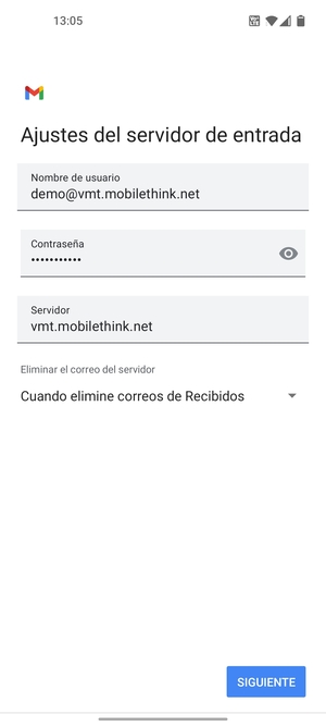 Introduzca Nombre de usuario y la dirección de servidor entrante. Seleccione SIGUIENTE