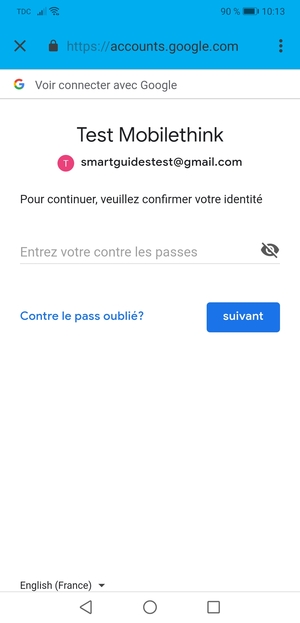 Saisissez votre mot de passe Gmail et sélectionnez suivant
