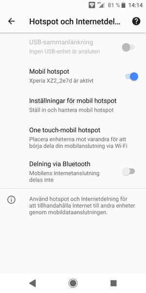 Din telefon har nu ställts in för att kunna användas som ett modem