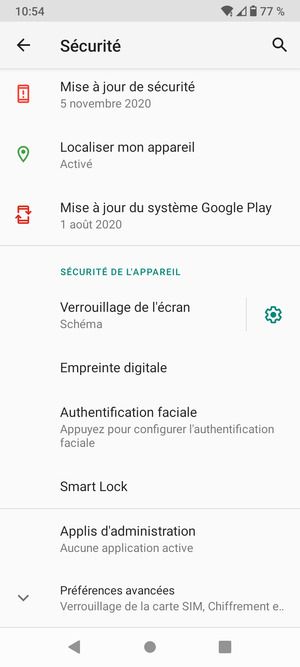 Pour modifier le code PIN de la carte SIM, faites défiler et sélectionnez Préférences avancées