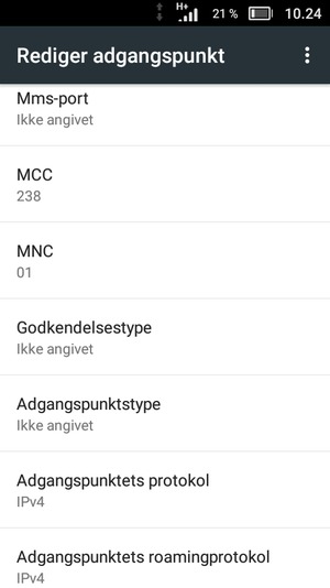 Scroll ned og indtast internet-oplysninger