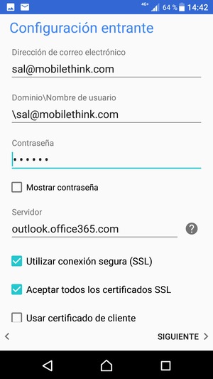 Introduzca Nombre de usuario y la dirección de servidor Exchange. Seleccione SIGUIENTE