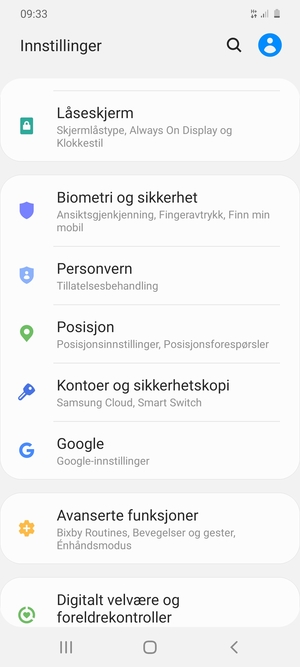 Bla til og velg Kontoer og sikkerhetskopi
