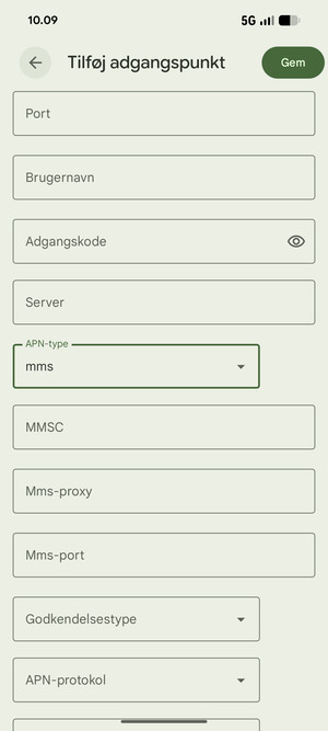 Scroll ned og indtast MMS-oplysninger