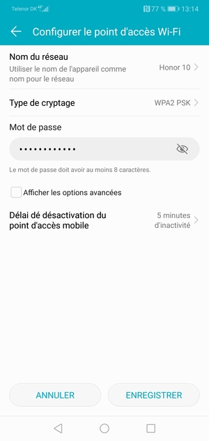 Saisissez un mot de passe de hotspot Wi-Fi d'au moins 8 caractères et sélectionnez ENREGISTRER