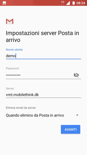 Inserisci Nome utente e l'indirizzo del server di posta in arrivo. Seleziona AVANTI