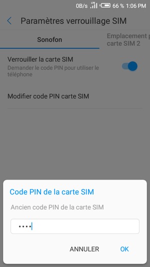 Saisissez votre Ancien code PIN de la carte SIM et sélectionnez OK