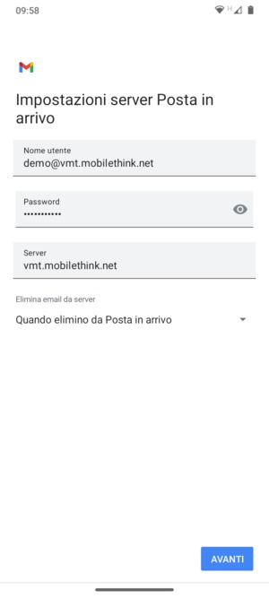 Inserisci Nome utente e l'indirizzo del server di posta in arrivo. Seleziona AVANTI