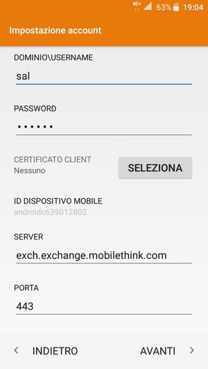Inserisci Nome utente e l'indirizzo del server Exchange. Seleziona AVANTI