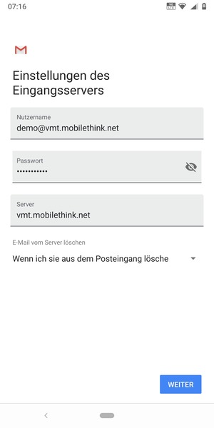 Geben Sie Benutzername und die Server-Adresse für eingehende Post ein. Wählen Sie WEITER