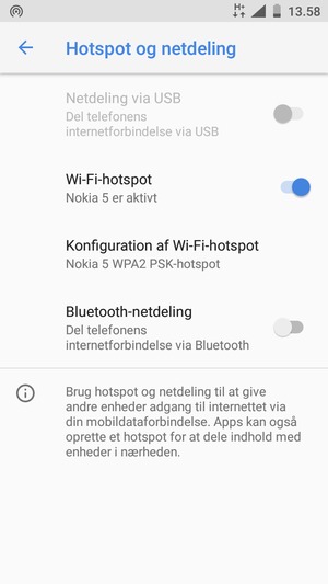 Din telefon er nu sat op til brug som modem