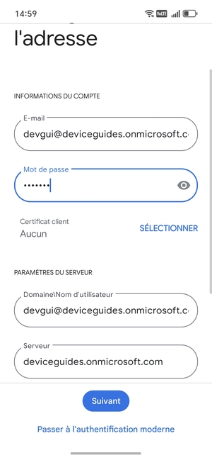 Saisissez votre Nom d'utilisateur et l'adresse du serveur Exchange. Sélectionnez Suivant