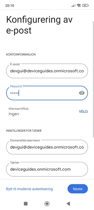 Skriv inn Brukernavn og Exchange serveradresse. Velg Neste