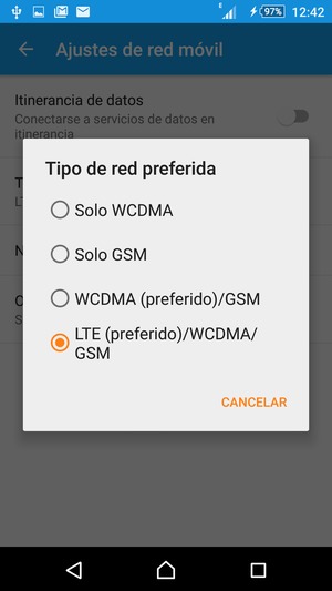 Seleccione LTE (preferido)/WCDMA/GSM para habilitar 4G