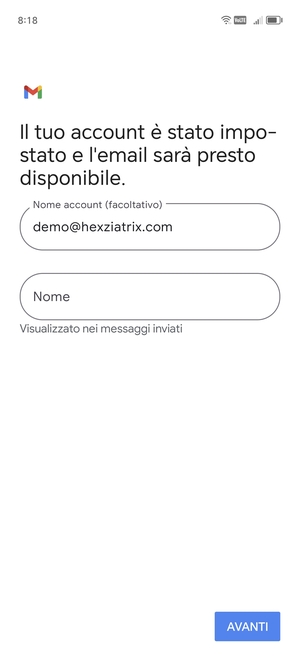 Scegli un nome per il tuo account e inserisci il tuo nome. Seleziona AVANTI