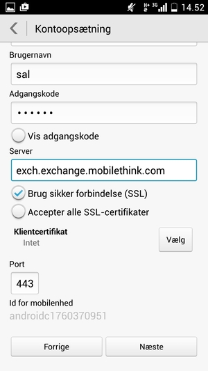 Indtast Exchange serveradresse og vælg Næste