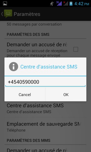 Saisissez le numéro du Centre d'assistance SMS et sélectionnez OK