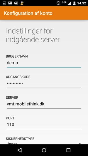 Indtast Brugernavn og indgående serveradresse