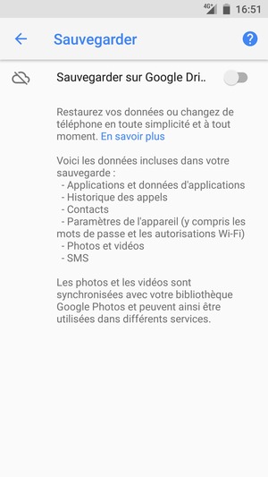 Activer le Sauvegarder sur Google Drive