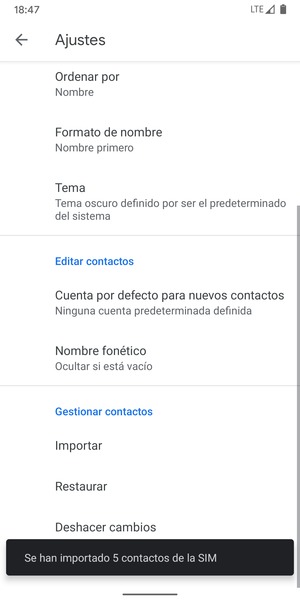 Sus contactos se guardarán en su cuenta de Google y se guardarán en su teléfono la próxima vez que Google sea sincronizado.