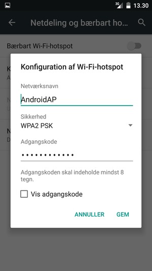 Indtast en Wi-Fi-hotspot adgangskode på minimum 8 tegn og vælg GEM