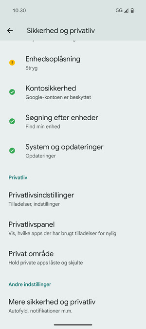 Scroll til og vælg Mere sikkerhed og privatliv