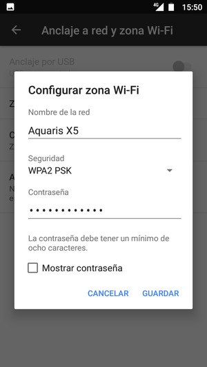 Introduzca una contraseña de punto de acceso Wi-Fi de al menos 8 caracteres y seleccione GUARDAR
