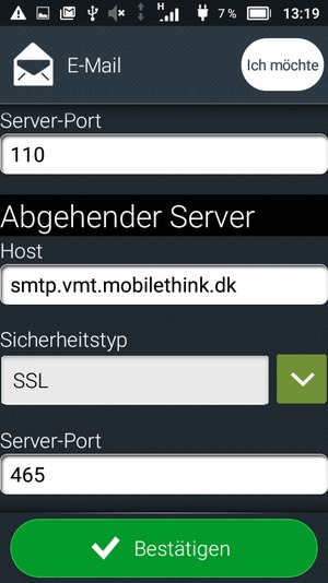 Geben Sie die Server-Adresse für ausgehende Post ein und wählen Sie Bestätigen