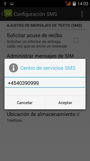 Introduzca el número de Centro de servicios SMS y seleccione Aceptar