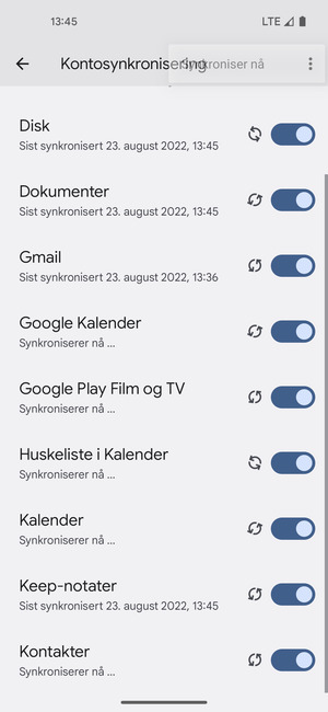 Dine kontakter fra Google vil synkroniseres til telefonen din