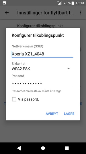 Skriv inn et Wi-Fi hotspot-passord på minst 8 tegn og velg LAGRE