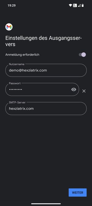 Geben Sie die Ausgangs Server Adresse ein und wählen Sie WEITER