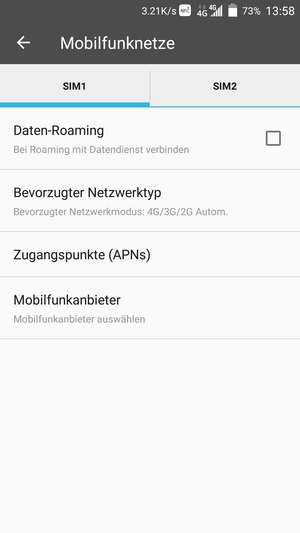 Wählen Sie SIM1 oder SIM2 und wählen Sie Zugangspunkte (APNs)