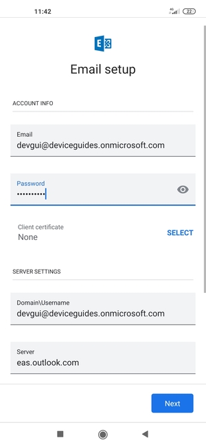 Enter Username and Exchange server address. Select Next