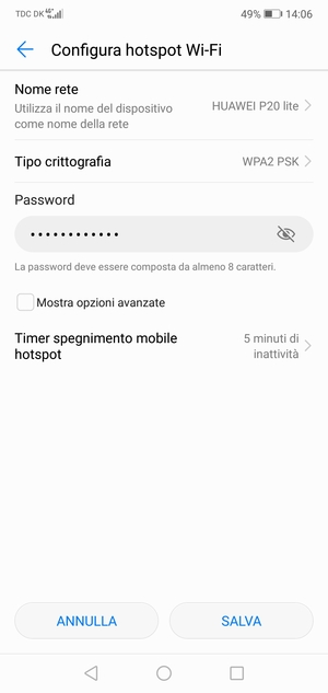 Inserisci una password dell'hotspot Wi-Fi di almeno 8 caratteri e seleziona SALVA