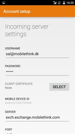 Enter Username and Exchange server address