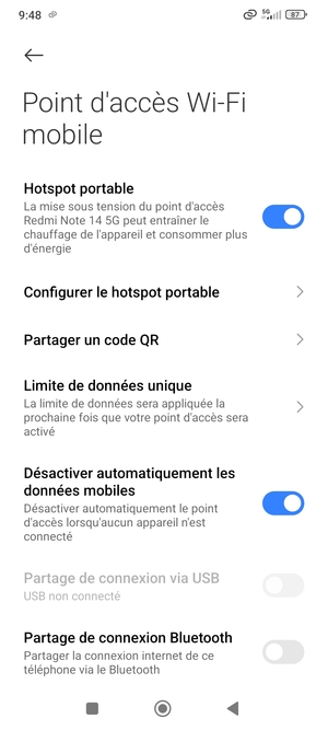 Votre téléphone est maintenant configuré pour être utilisé comme modem