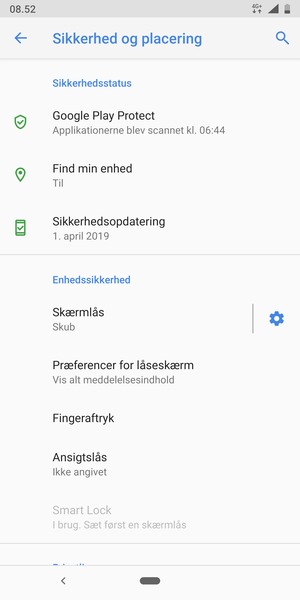 For at aktivere din skærmlås, gå til menuen Sikkerhed og placering og vælg Skærmlås
