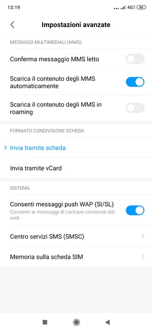 Seleziona Centro servizi SMS (SMSC)