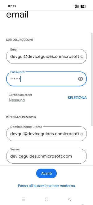 Inserisci Nome utente e l'indirizzo del server Exchange. Seleziona Avanti