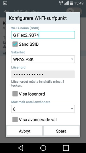 Ange ett lösenord bestående av minst  8  tecken och välj  Spara