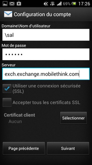 Saisissez votre Nom d'utilisateur et l'adresse du serveur Exchange. Sélectionnez Suivant