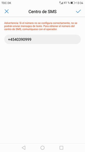 Introduzca el número de Centro de SMS y seleccione ACEPTAR