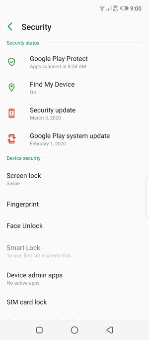 To activate your screen lock, return to the Security menu and select Screen lock