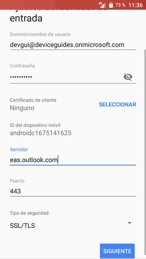 Introduzca Nombre de usuario y la dirección de servidor Exchange. Seleccione SIGUIENTE