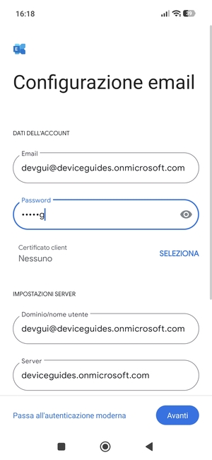 Inserisci Nome utente e l'indirizzo del server Exchange. Seleziona Avanti