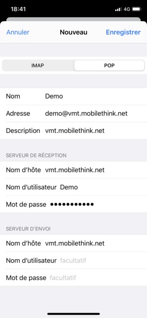 Saisissez les informations de messagerie pour le SERVEUR D'ENVOI et sélectionnez Enregistrer