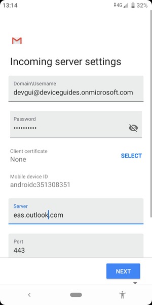 Enter Username and Exchange server address. Select NEXT